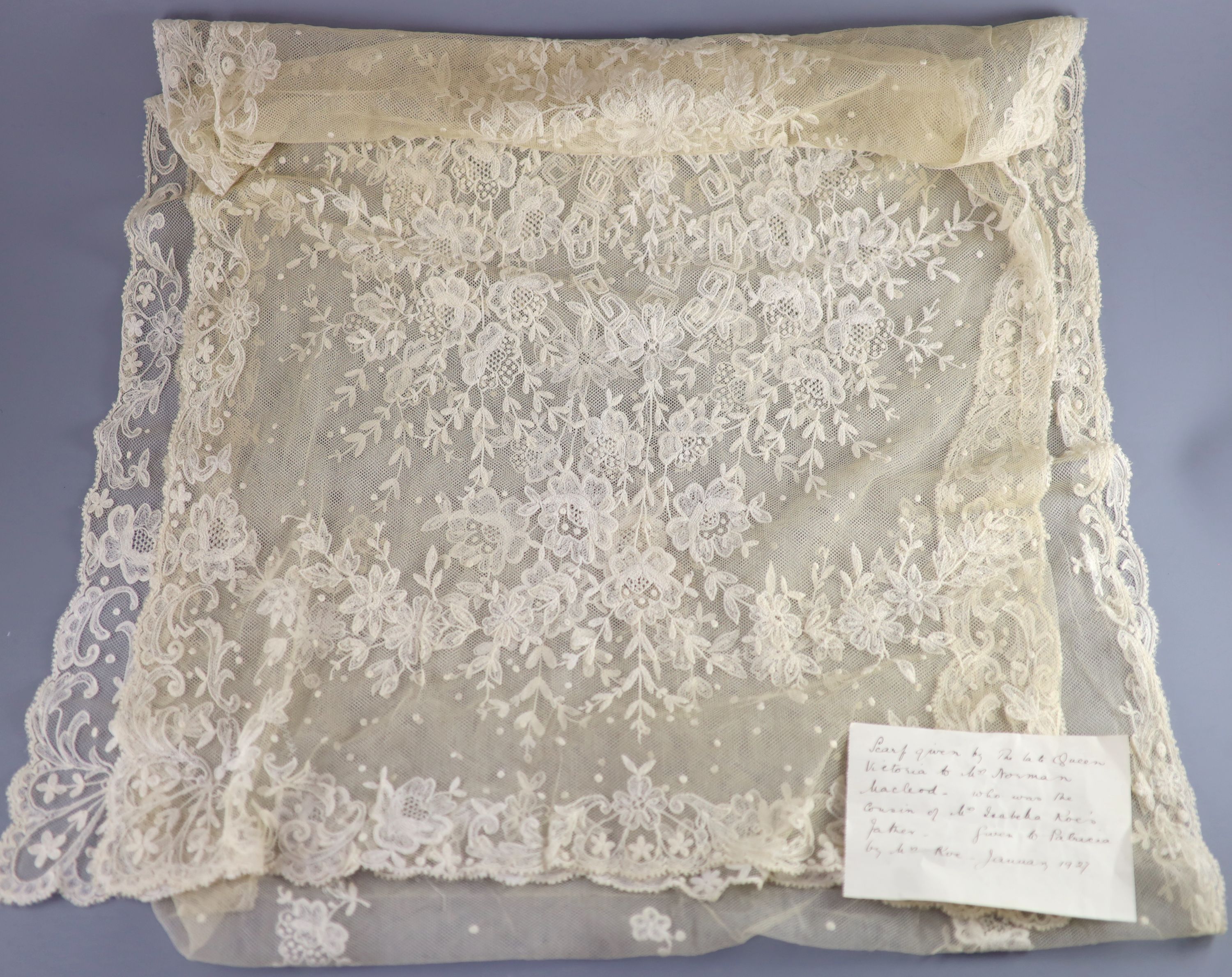 A 19th century needle-run net stole, with a letter of provenance: given as a gift by Queen Victoria